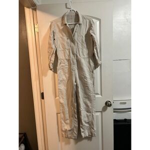 Outerknown Womens Utility Jumpsuit Tan Long Sleeve Button Up Collared Pockets s